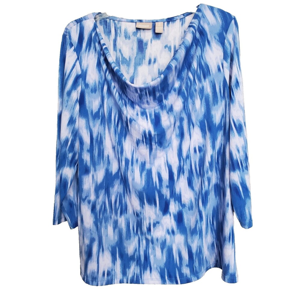 Chico's Blue Ikat Draped Neck 3/4 Sleeve Stretchy Tunic Size 3 (XL)